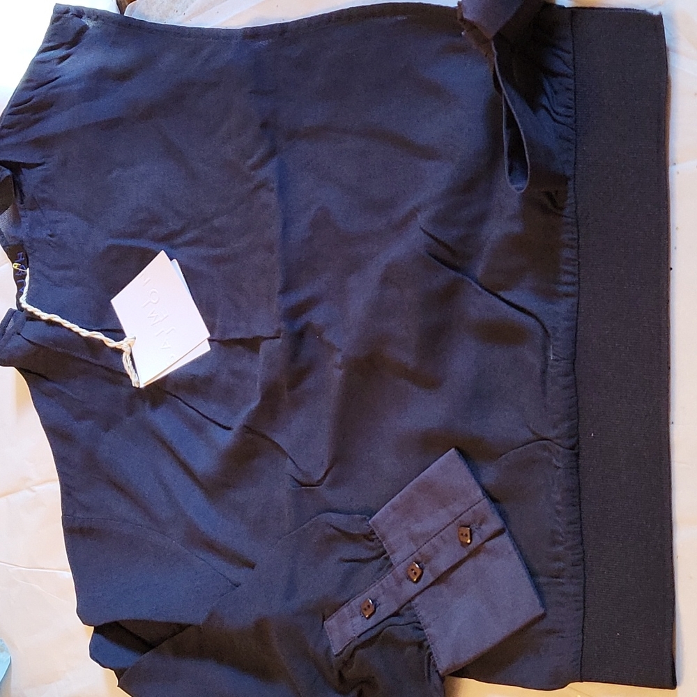 Saimi Jeon Mock Neck Side Tie Blouse In Navy Size Medium - Picture 6 of 12